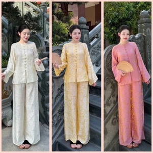 Set pháp phục bộ áo bà ba gấm lụa tencel ánh kim cao cấp sẵn | Đồ Lam An Nhiên