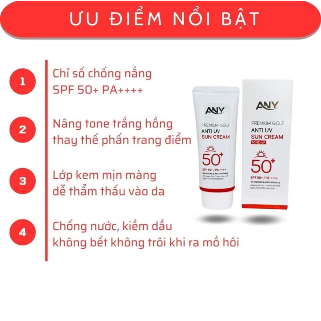 [5Tuýp+5Nạ] Combo 5 Kem Chống Nắng Any Hàn Quốc Nâng tông Premium Golf Anti UV SPF 50+ 60ml, trắng hồng tự nhiên