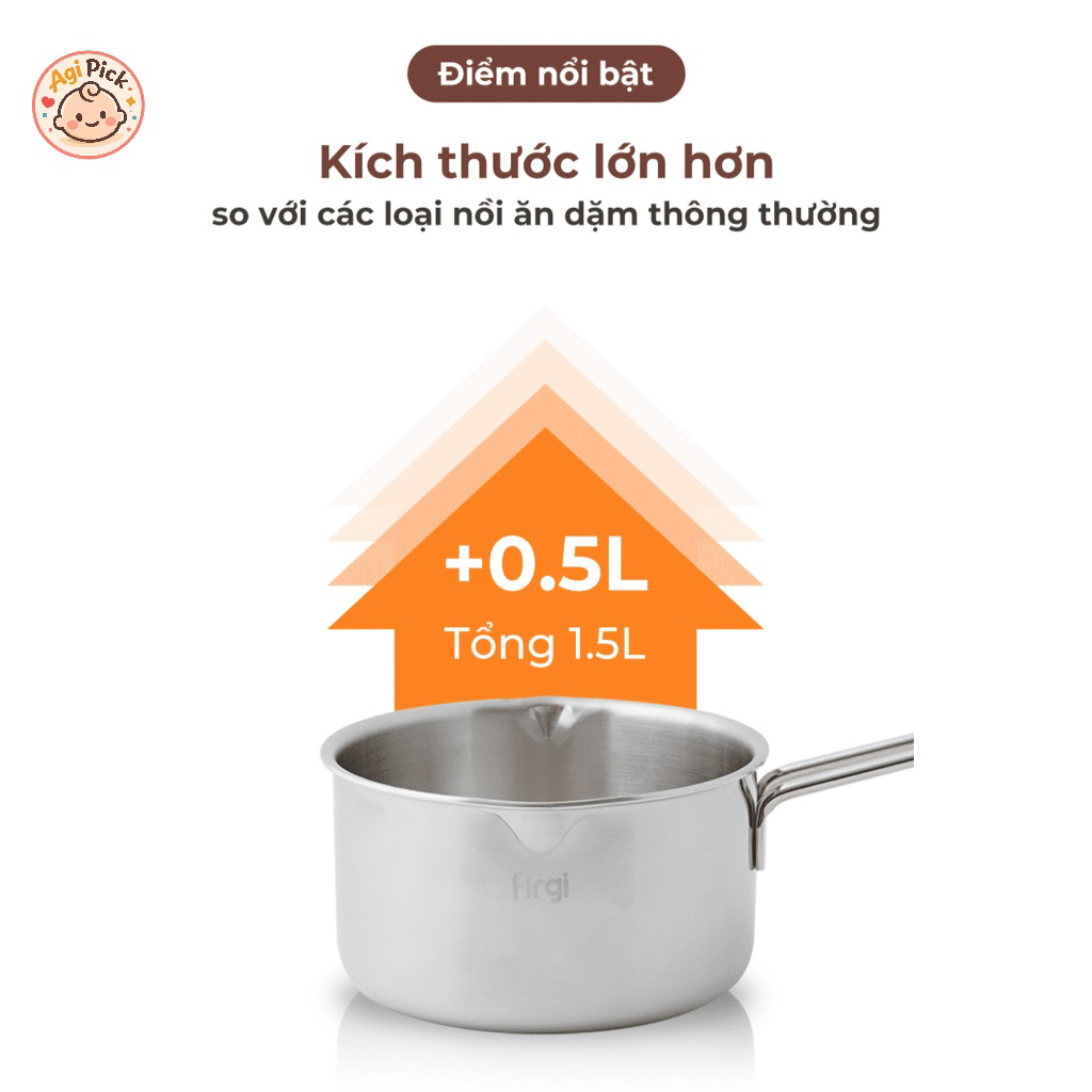 Nồi Quánh Inox 3 Lớp Firgi Nấu Ăn Dặm Cho Bé Dùng Cho Bếp Hồng Ngoại, Bếp Từ 16cm (1.5L)