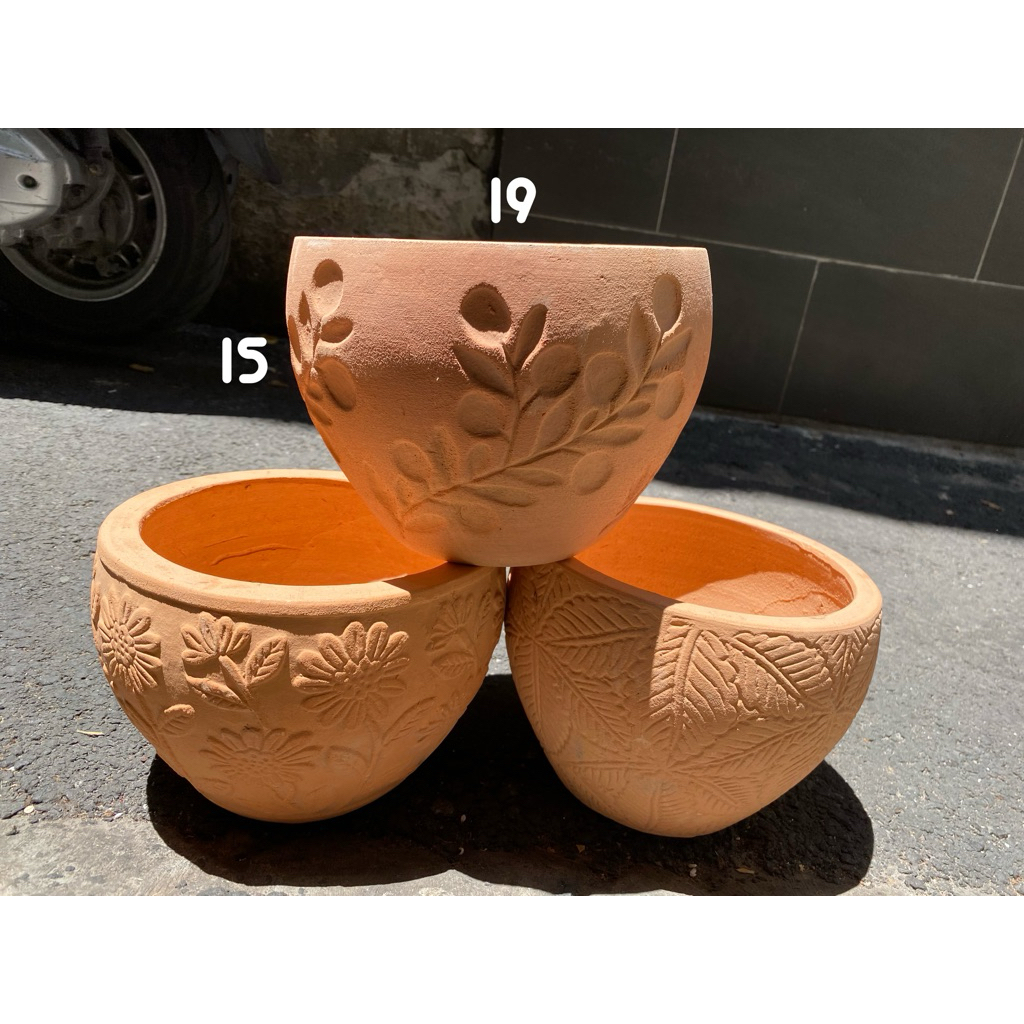 Chậu Bầu Hoạ Tiết-Chậu Đất Nung-VUONCOCHAU tặng kèm lót chậu