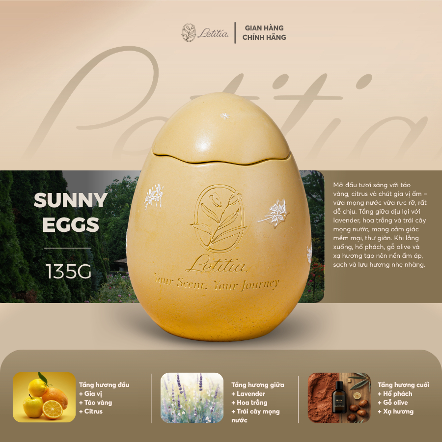 Nến Thơm Cao Cấp Letitia Sunny Egg Giúp Thư Giãn, Dễ Chịu, Làm Quà Tặng Size 130g