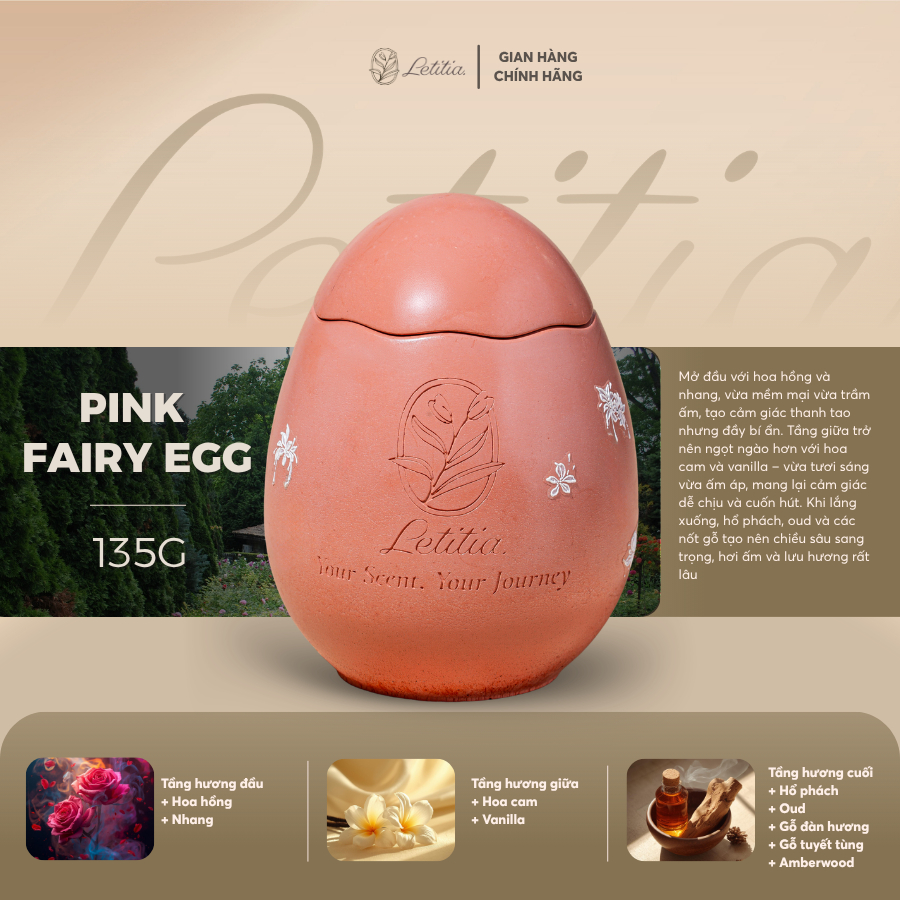 Nến Thơm Cao Cấp Letitia Pink Fairy Egg Letitia Giúp Thư Giãn, Dễ Chịu, Làm Quà Tặng Size 130g
