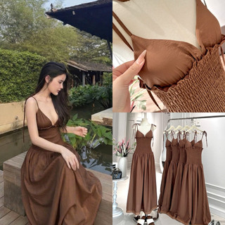 SEP House - Đầm kem midi dáng dài cổ V cột nơ vai viền bèo phối mocking eo tôn dáng tà dài 2 lớp sang trọng đi biển