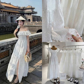 SEP House - Đầm maxi xô trắng trễ vai viề bèo xẻ tà chiết eo phối mocking tôn dáng tiểu thư, thanh lịch
