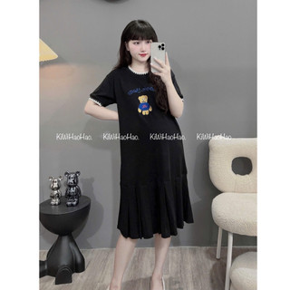 VÁY BẦU CỘC TAY ZIP DÁNG XUÔNG CHÂN VÂY XOÈ in HÌNH GẤU CỔ TRÒN BO - 2 Màu⚡RẺ VÔ ĐỊCH⚡