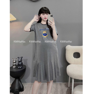 VÁY BẦU CỘC TAY ZIP DÁNG XUÔNG CHÂN VÂY XOÈ in HÌNH GẤU CỔ TRÒN BO - 2 Màu⚡RẺ VÔ ĐỊCH⚡