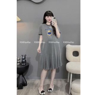VÁY BẦU CỘC TAY ZIP DÁNG XUÔNG CHÂN VÂY XOÈ in HÌNH GẤU CỔ TRÒN BO - 2 Màu⚡RẺ VÔ ĐỊCH⚡