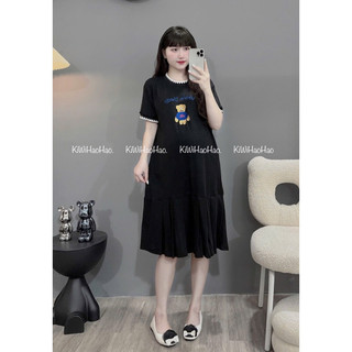 VÁY BẦU CỘC TAY ZIP DÁNG XUÔNG CHÂN VÂY XOÈ in HÌNH GẤU CỔ TRÒN BO - 2 Màu⚡RẺ VÔ ĐỊCH⚡