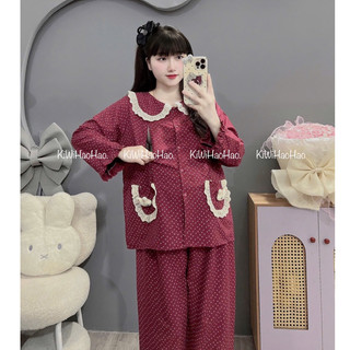 Bộ bầu - bộ sau sinh - BỘ DÀI VÂN MÂY CỔ SEN REN HAI TÚI NƠ IN HÌNH HOA NHỎ - 2 Màu,Áo Có Khoá Kéo & Quần Có Chun chỉnh