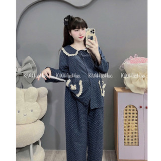 Bộ bầu - bộ sau sinh - BỘ DÀI VÂN MÂY CỔ SEN REN HAI TÚI NƠ IN HÌNH HOA NHỎ - 2 Màu,Áo Có Khoá Kéo & Quần Có Chun chỉnh