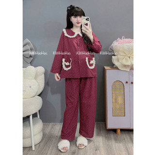 Bộ bầu - bộ sau sinh - BỘ DÀI VÂN MÂY CỔ SEN REN HAI TÚI NƠ IN HÌNH HOA NHỎ - 2 Màu,Áo Có Khoá Kéo & Quần Có Chun chỉnh