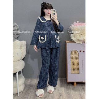 Bộ bầu - bộ sau sinh - BỘ DÀI VÂN MÂY CỔ SEN REN HAI TÚI NƠ IN HÌNH HOA NHỎ - 2 Màu,Áo Có Khoá Kéo & Quần Có Chun chỉnh