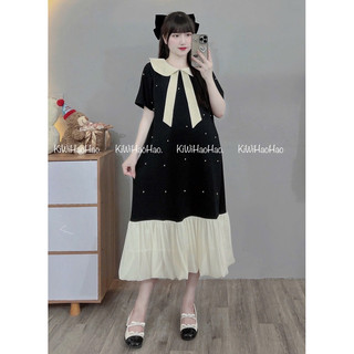 VÁY BẦU CỘC TAY MÌ ĐÍNH NGỌC CỔ BẺ NƠ - 3 Màu ⚡RẺ VÔ ĐỊCH⚡