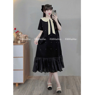 VÁY BẦU CỘC TAY MÌ ĐÍNH NGỌC CỔ BẺ NƠ - 3 Màu ⚡RẺ VÔ ĐỊCH⚡