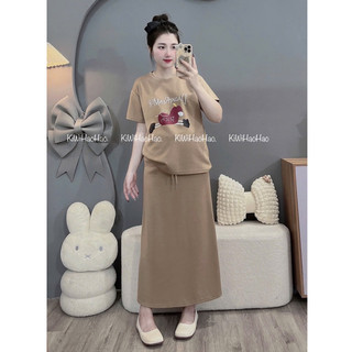 SET BẦU RỜI ÁO CỘC TAY HÌNH NGỰA CHÂN VÁY DÀI - 3 Màu