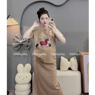 SET BẦU RỜI ÁO CỘC TAY HÌNH NGỰA CHÂN VÁY DÀI - 3 Màu