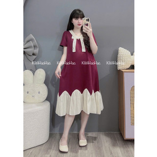 VÁY BẦU CỘC TAY MÌ DÁNG XUÔNG CHÂN VÁY PHA TRẮNG CỔ NƠ REN - 2 Màu 💥Freeship💥