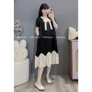 VÁY BẦU CỘC TAY MÌ DÁNG XUÔNG CHÂN VÁY PHA TRẮNG CỔ NƠ REN - 2 Màu 💥Freeship💥