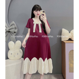 VÁY BẦU CỘC TAY MÌ DÁNG XUÔNG CHÂN VÁY PHA TRẮNG CỔ NƠ REN - 2 Màu 💥Freeship💥