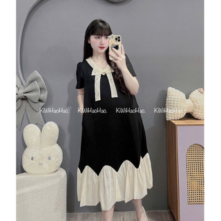 VÁY BẦU CỘC TAY MÌ DÁNG XUÔNG CHÂN VÁY PHA TRẮNG CỔ NƠ REN - 2 Màu 💥Freeship💥