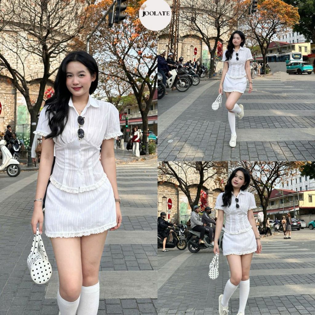Set Áo Viền Bèo Tay Phồng Mix Chân Váy Cạp Chun Kèm Quần Bảo Hộ – Set Đồ Nữ Phong Cách Hàn Quốc Ulzzang Joolate 127