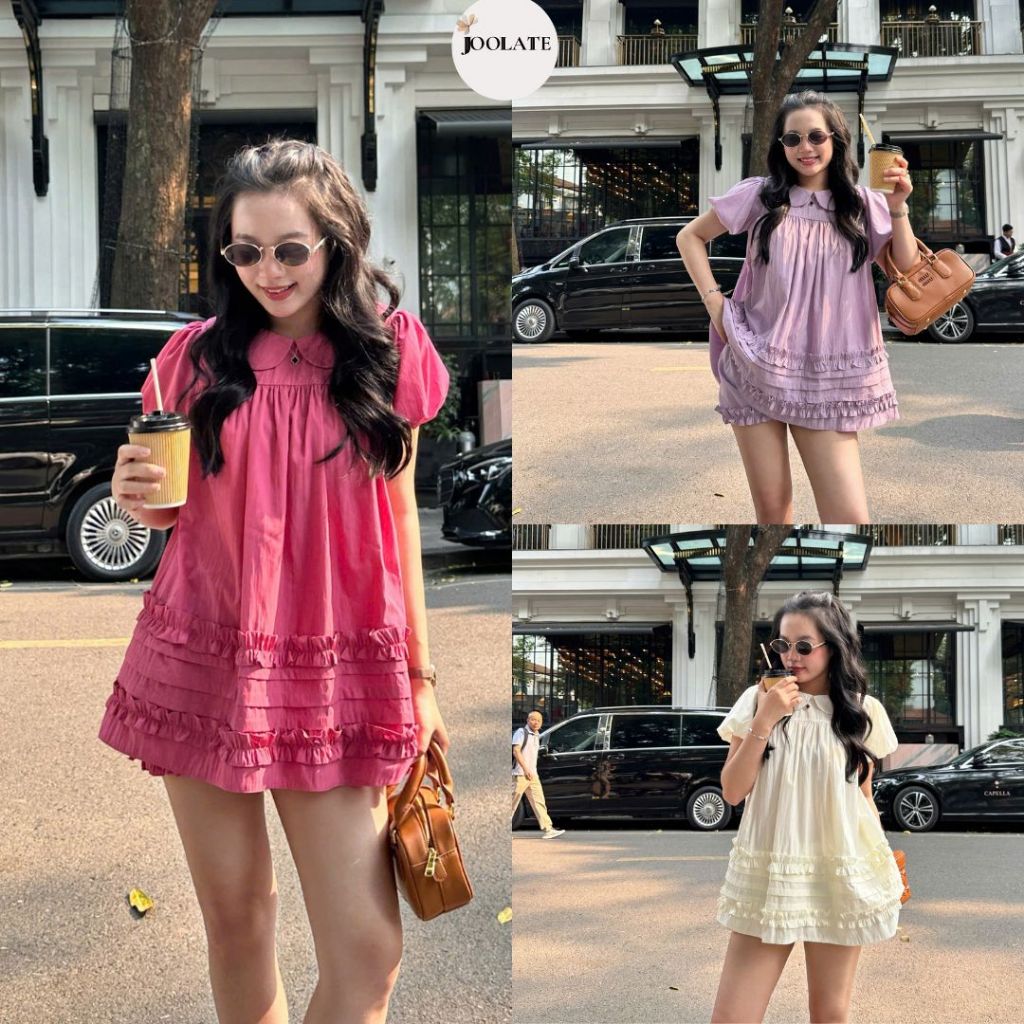 Áo Váy Babydoll Cổ Sen 2 Lớp Form Rộng Gấu Bèo Kèm Quần Bí – Set Du Lịch Mùa Hè Dễ Thương, Thoáng Mát Joolate