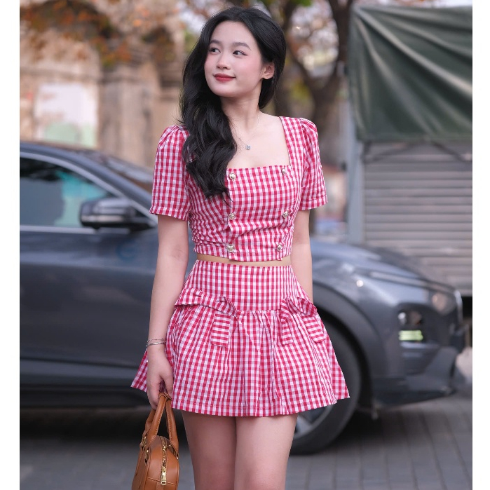 Set Croptop Caro Tay Phồng & Chân Váy Đính Nơ – Outfit Đi Chơi Đi Biển Siêu Xinh Joolate AVN242 P7