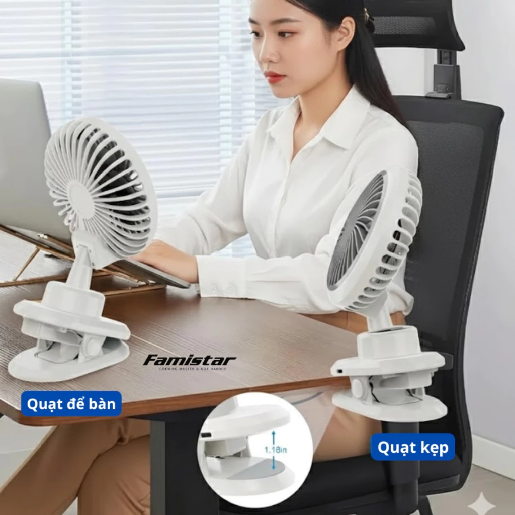 Quạt tích điện mini có kẹp VTEK, quạt tích điện, quạt mini để bàn pin 15 tiếng