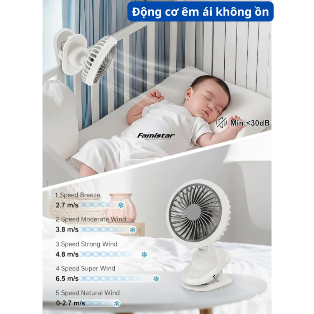 Quạt tích điện mini có kẹp VTEK, quạt tích điện, quạt mini để bàn pin 15 tiếng