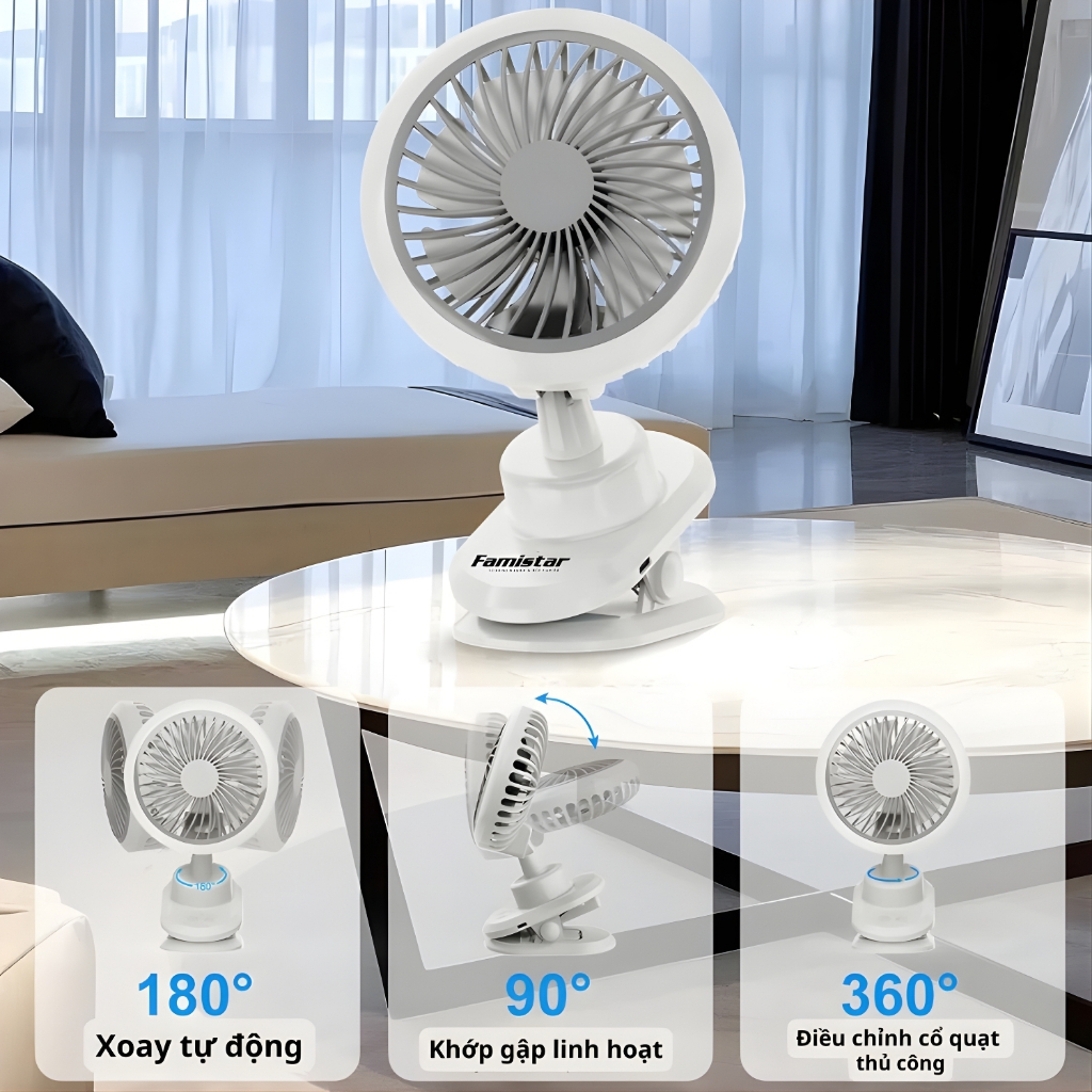 Quạt tích điện mini có kẹp VTEK, quạt tích điện, quạt mini để bàn pin 15 tiếng