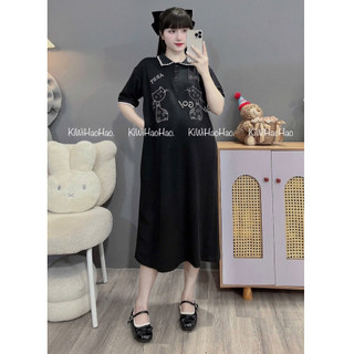 VÁY BẦU CỘC TAY ZIP DÁNG XUÔNG CỔ POLO THÊU HÌNH MÈO - 2 Màu 💥Freeship💥