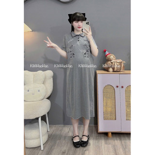 VÁY BẦU CỘC TAY ZIP DÁNG XUÔNG CỔ POLO THÊU HÌNH MÈO - 2 Màu 💥Freeship💥
