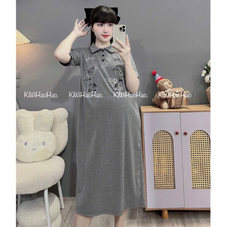 VÁY BẦU CỘC TAY ZIP DÁNG XUÔNG CỔ POLO THÊU HÌNH MÈO - 2 Màu 💥Freeship💥