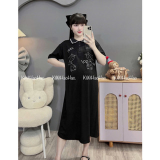 VÁY BẦU CỘC TAY ZIP DÁNG XUÔNG CỔ POLO THÊU HÌNH MÈO - 2 Màu 💥Freeship💥