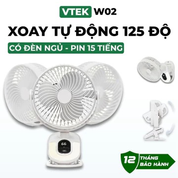 Quạt tích điện mini có đèn ngủ và kẹp VTEK, quạt tích điện, quạt mini để bàn pin 15 tiếng