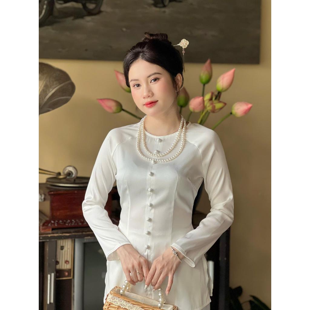 Hân Nguyễn Áo Bà Ba - B.A124 - Áo Bà Ba Lụa Ánh Kim Cổ Tròn Nút Nụ Dây Kéo (QUẦN NGỌC TRAI)