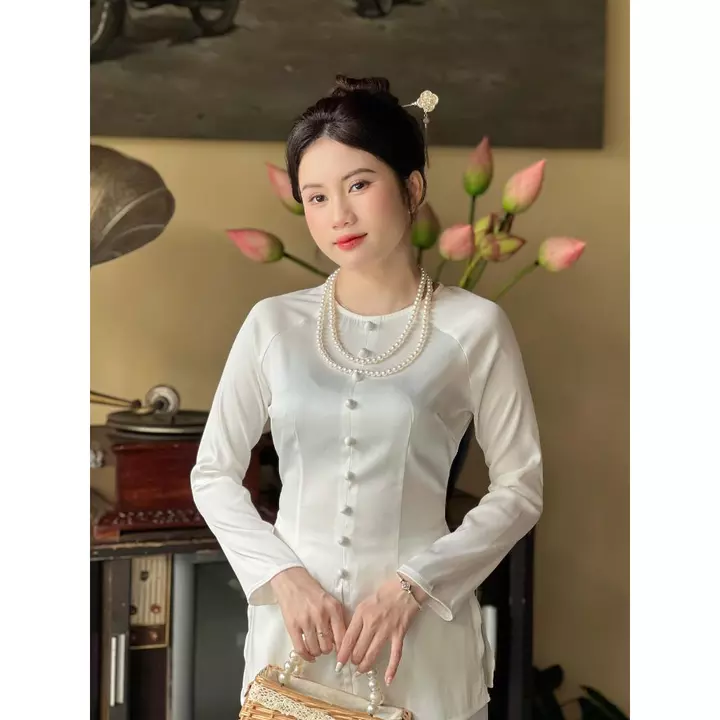 Hân Nguyễn Áo Bà Ba - B.A124 - Áo Bà Ba Lụa Ánh Kim Cổ Tròn Nút Nụ Dây Kéo (QUẦN NGỌC TRAI)