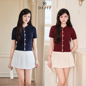 Áo len nữ cộc tay cổ tròn dáng cài cúc phối line trắng dệt kiểu vặn thừng DELIZ ALC603 300G