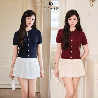 Áo len nữ cộc tay cổ tròn dáng cài cúc phối line trắng dệt kiểu vặn thừng DELIZ ALC603 300G