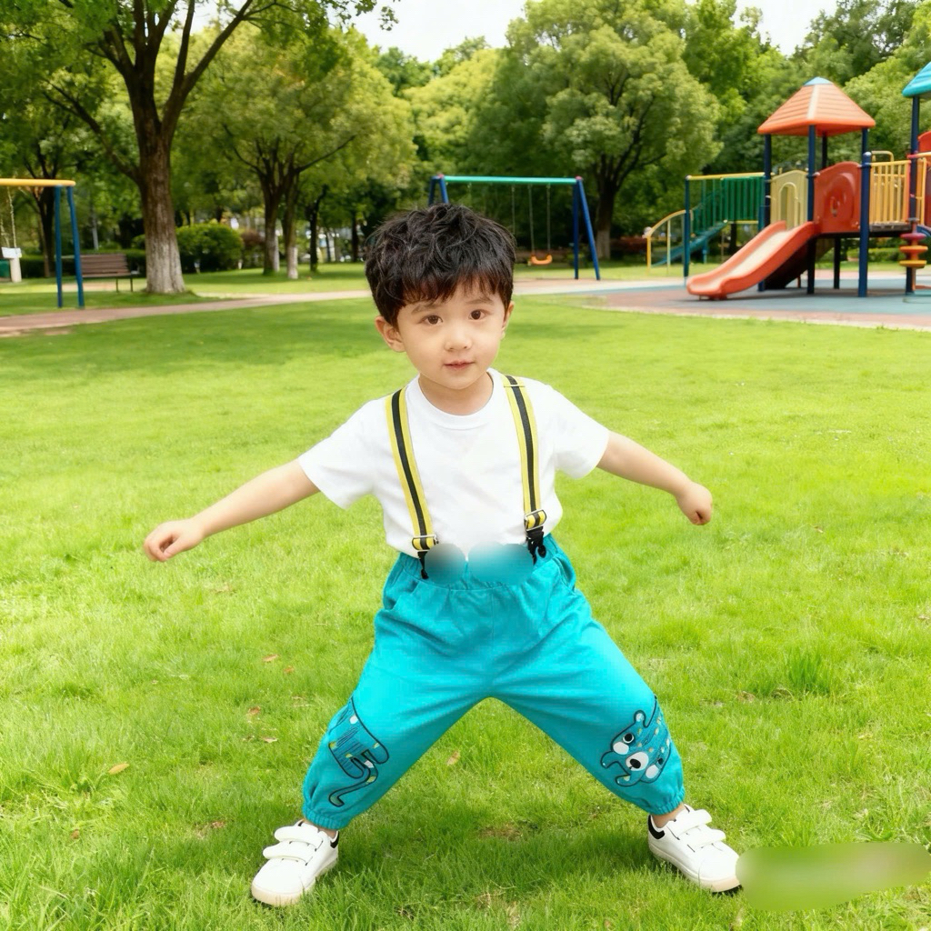 Quần bé trai xuất dư D8194 màu xanh hình gấu có quai đeo, cotton mềm thoáng mát, size 3-24M (3-13kg)