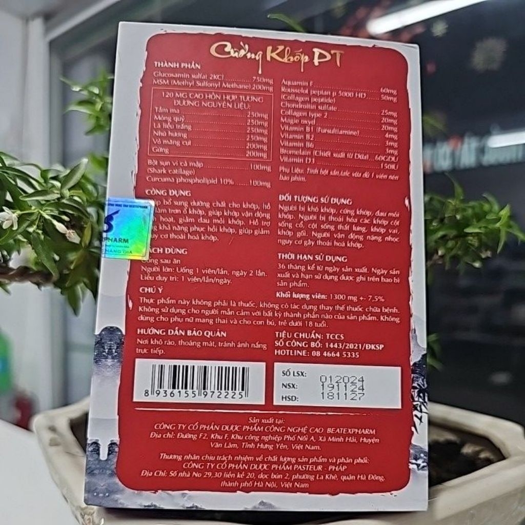 Viên uống bổ sung dưỡng chất cho khớp, giảm đau mỏi khớp nguy cơ thoái hóa khớp, tê bì chân tay  PT [ hộp 30 viên ]