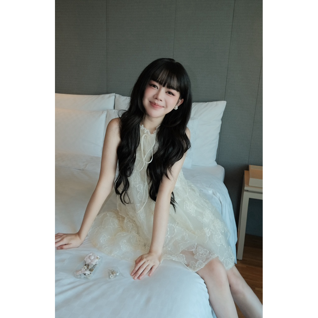 Váy BabyDoll phối Hoa 3D Tiểu Thư Sang Chảnh - Màu Be - Hàng Thiết Kế - TY CLOTHING