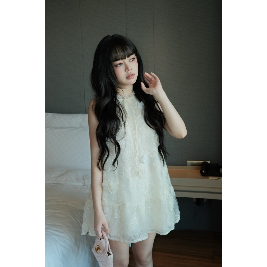 Váy BabyDoll phối Hoa 3D Tiểu Thư Sang Chảnh - Màu Be - Hàng Thiết Kế - TY CLOTHING