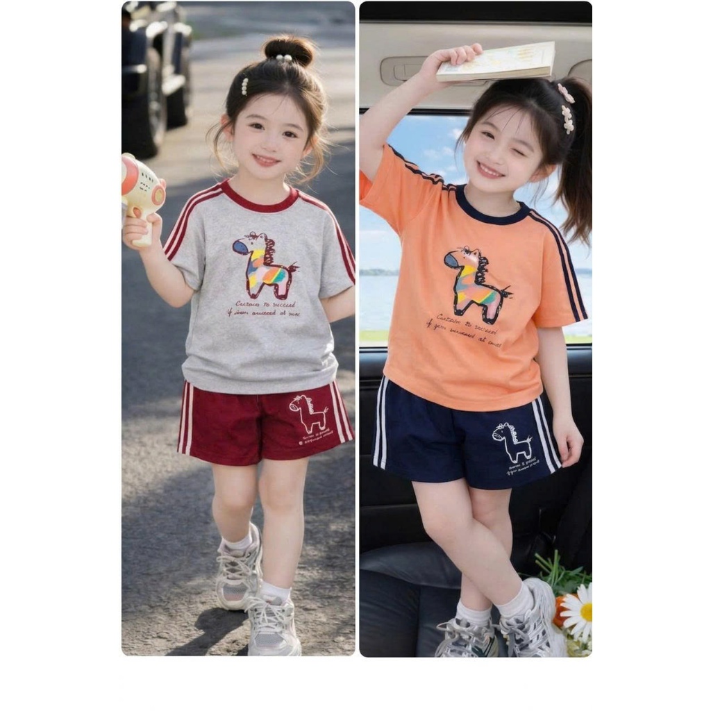 Bộ đồ bé gái in hình hươu dễ thương chất vải cotton tixi thấm hút mồ hôi dành cho bé gái size từ 13 - 38kg