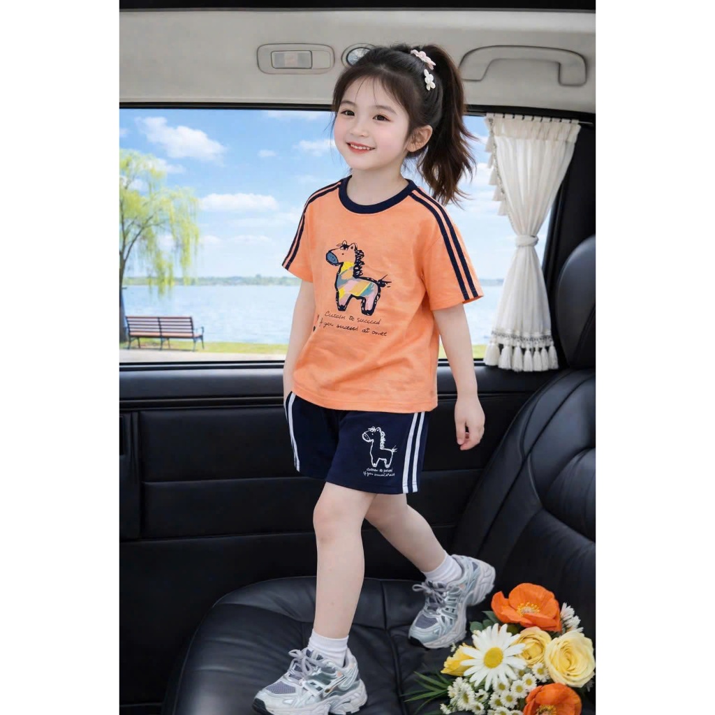 Bộ đồ bé gái in hình hươu dễ thương chất vải cotton tixi thấm hút mồ hôi dành cho bé gái size từ 13 - 38kg