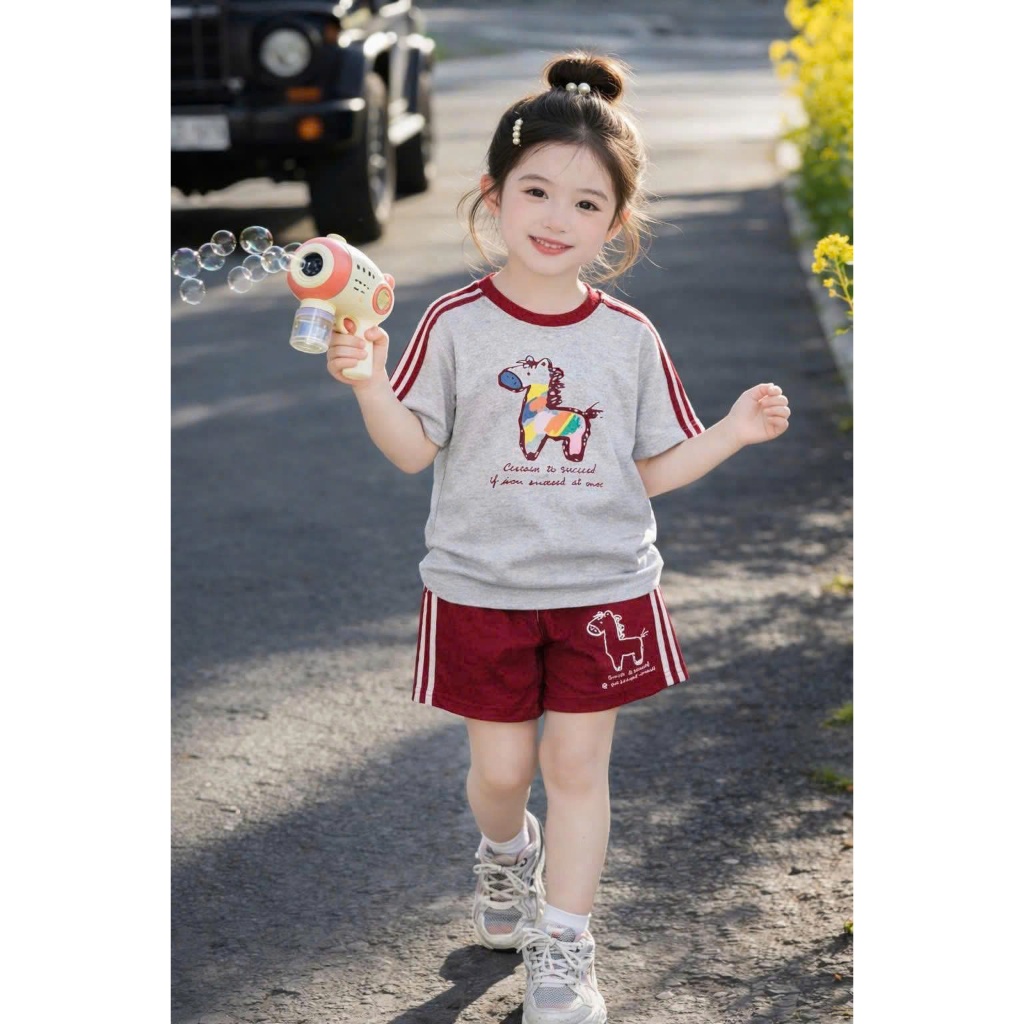 Bộ đồ bé gái in hình hươu dễ thương chất vải cotton tixi thấm hút mồ hôi dành cho bé gái size từ 13 - 38kg