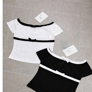 Áo Thun Zip mềm Phối Viền Thiết Kế Nơ Xinh Trễ Vai New