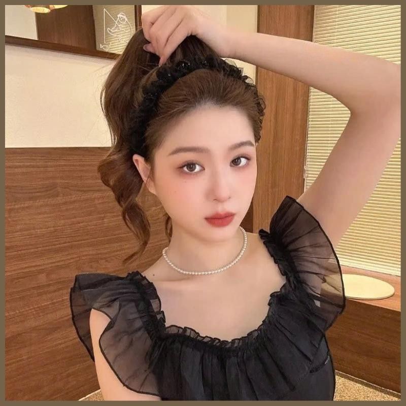 LEZA - Băng đô xếp li lưới đính cườm ngọt ngào, phong cách Hàn Quốc, phụ kiện tóc cho nữ siêu xinh
