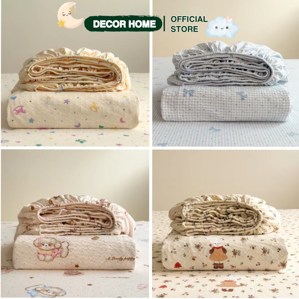 [Decorhome] Bộ Ga Gối Cotton Icy 3 Món – Bộ 3 Món Ga Gối Đũi Tơ Tre Cao Cấp Họa Tiết Vintage Thanh Lịch, Mềm Mát