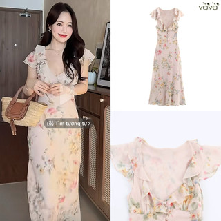 Đầm hoa ngắn tay cổ nhúng bèo(Sẵn XS eo <66)